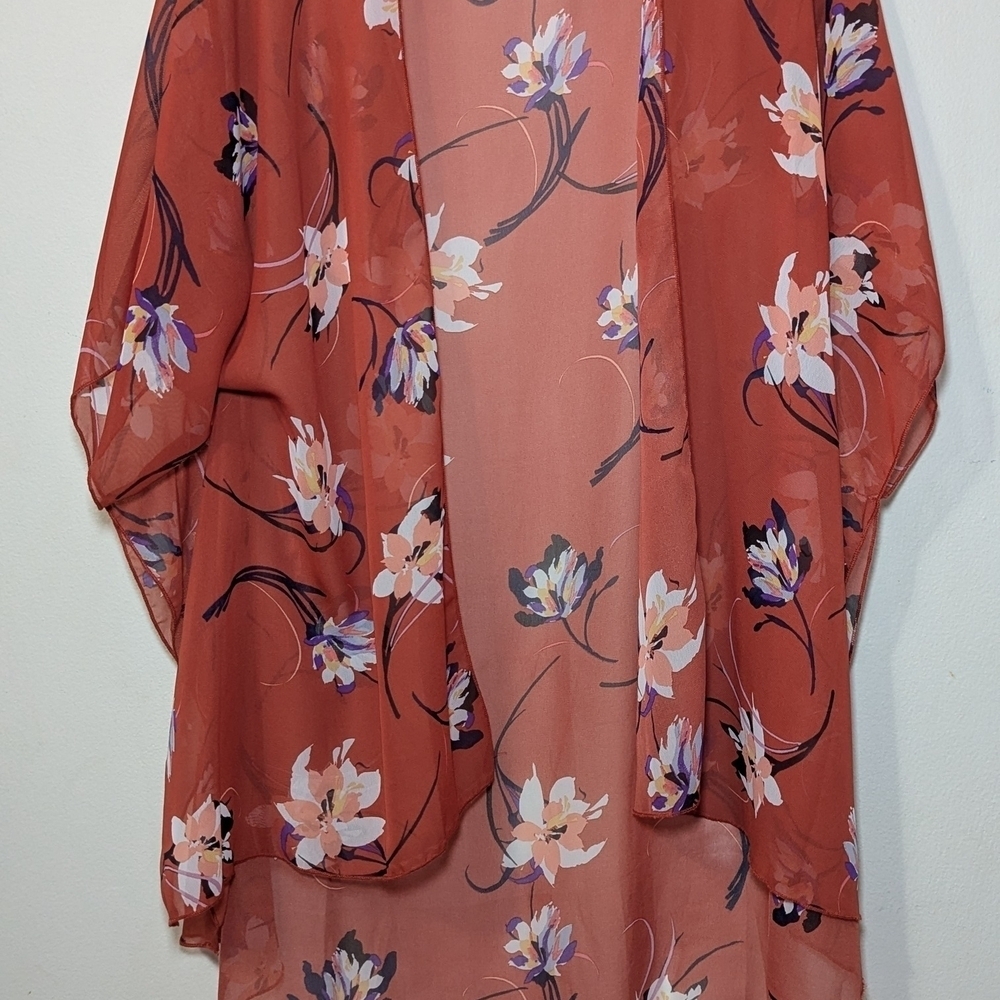 Emory Park Kimono Red + Purple + White Floral Sheer Open Front Women's One Size
